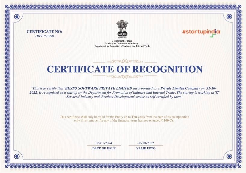 Startup India Certificate of Recognition, DIPP153290, issued to BestQ Software Private Limited