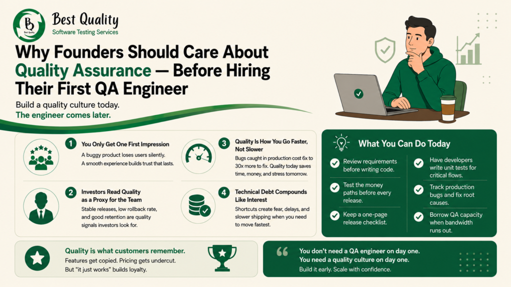 Infographic on why founders should care about quality assurance before hiring their first QA engineer — covering first impressions, investor trust signals, faster shipping through quality, and compounding technical debt, with a checklist of actions startups can take today.