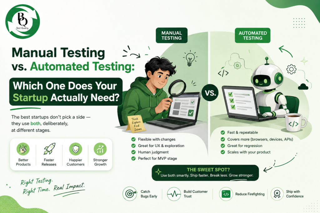 Infographic comparing manual testing and automated testing for startups — showing when each approach works best, with icons for flexibility, UX judgment, and MVP-stage testing on the manual side, and speed, scale, and regression coverage on the automated side.