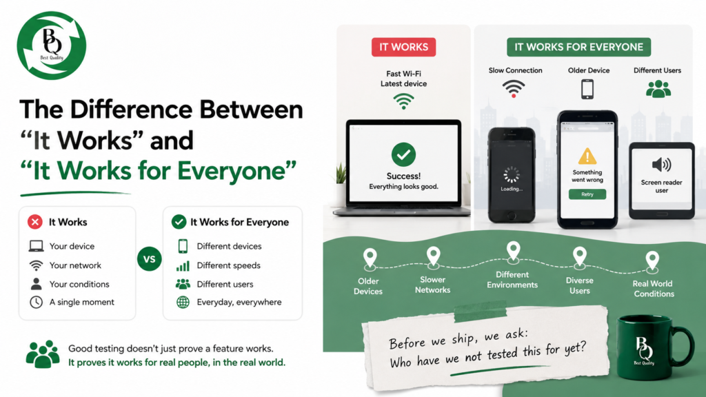 Infographic comparing basic software testing versus inclusive testing for everyone. It outlines how testing must go beyond a single ideal device to include slow network connections, diverse environments, older devices, screen reader users, and real-world conditions.